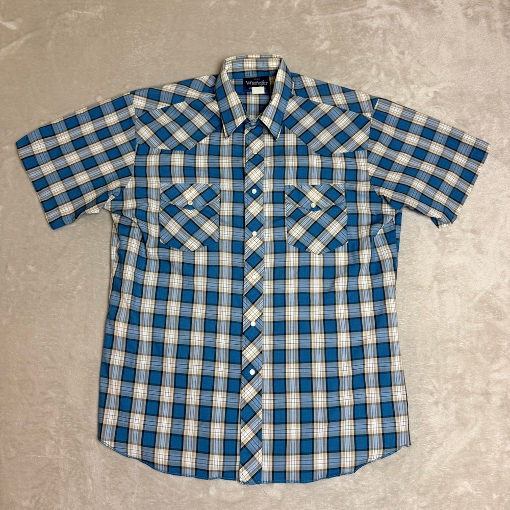 VTG Wrangler Western Shirt Men L 16-16.5 Blue Plaid Pearl Snap Short Sleeve 90s